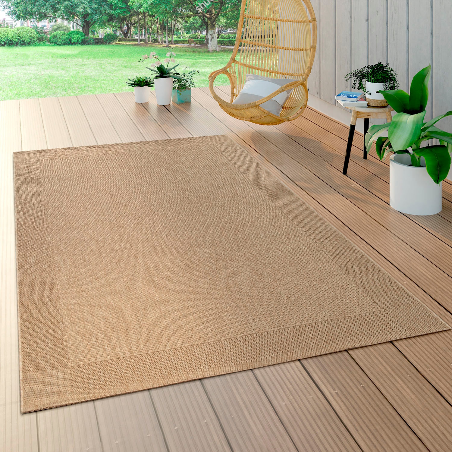 Paco Home Teppich »Waregem 621« rechteckig 4 mm Höhe Flachgewebe, meliert, mit Bordüre, Outdoor geeignet, Wohnzimmer