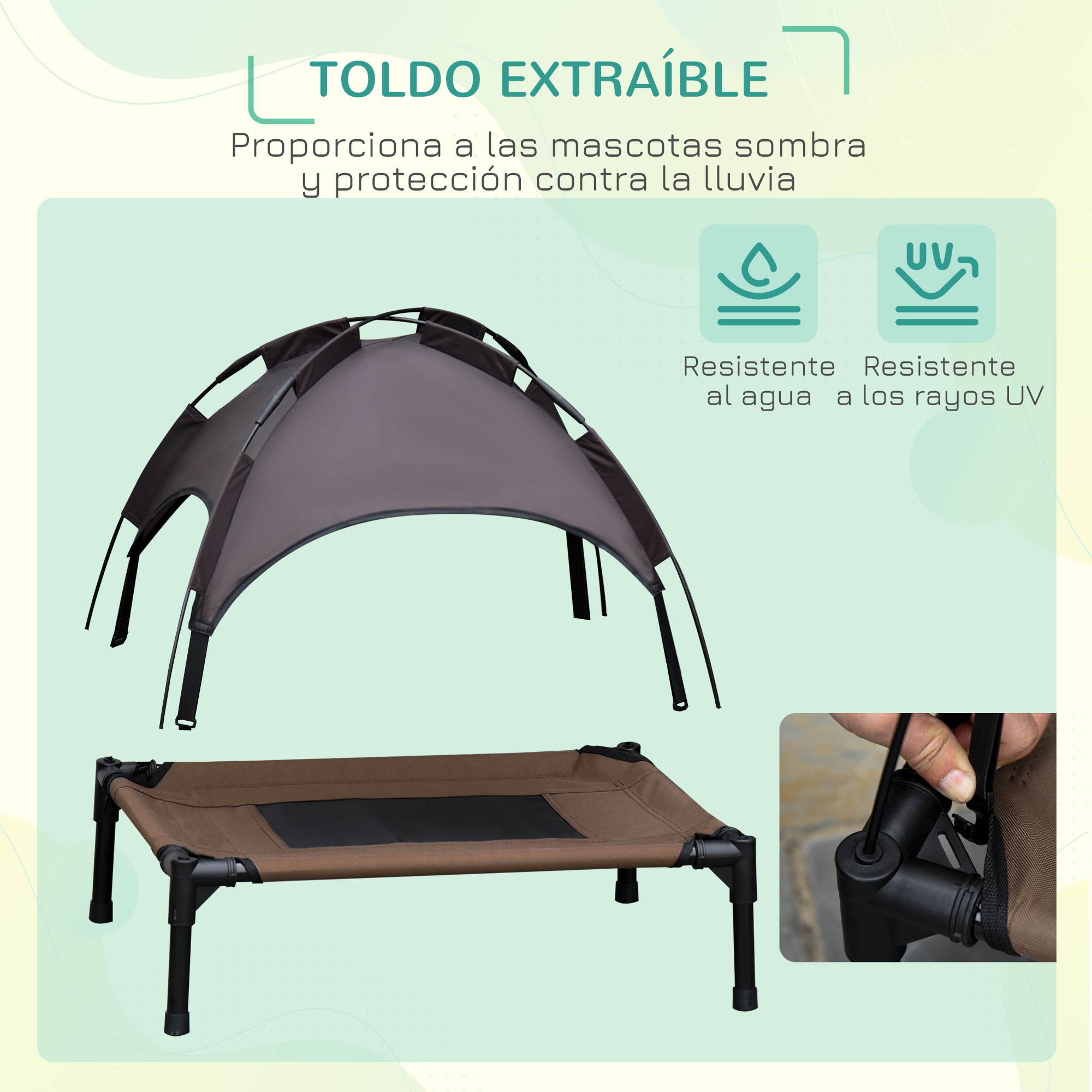 Cama portátil elevada para animais de estimação PawHut com cobertura removível, tecido respirável, para uso interno e externo, 76x61x73 cm, cor café.