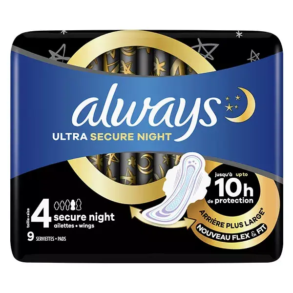 Absorventes noturnos Always Ultra Secure com abas, pacote com 9 unidades