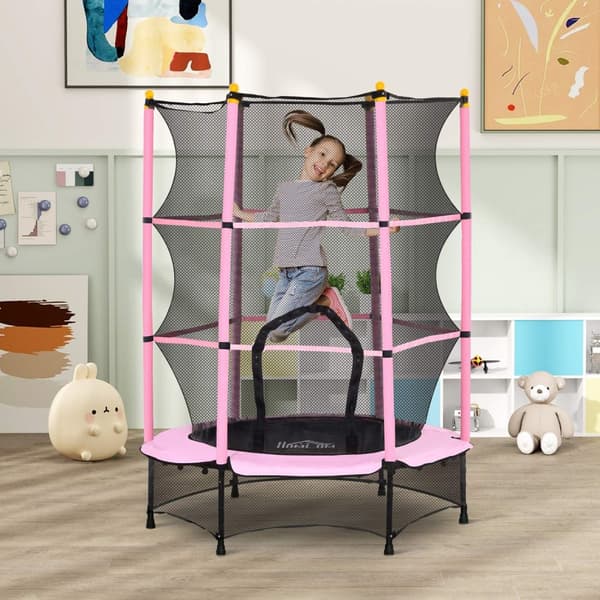 Barnetrampolin Ø140 cm, trampoline med sikkerhetsnett, kanttrekk, hagetrampolin for barn 3-10 år, kan holde opptil 50 kg, rosa