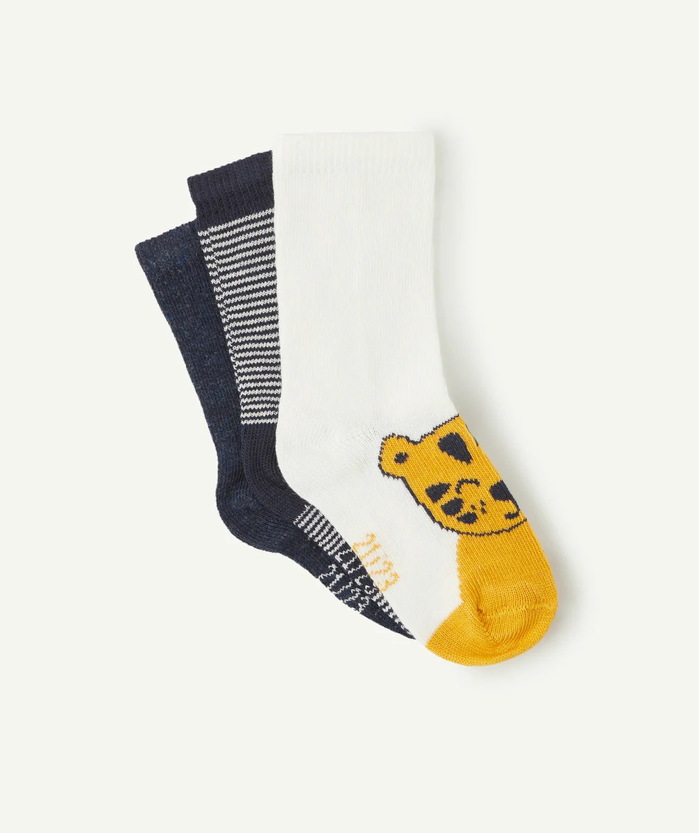 LOT DE 3 CHAUSSETTES BLEU ET JAUNE AVEC TIGRE BÉBÉ GARÇON