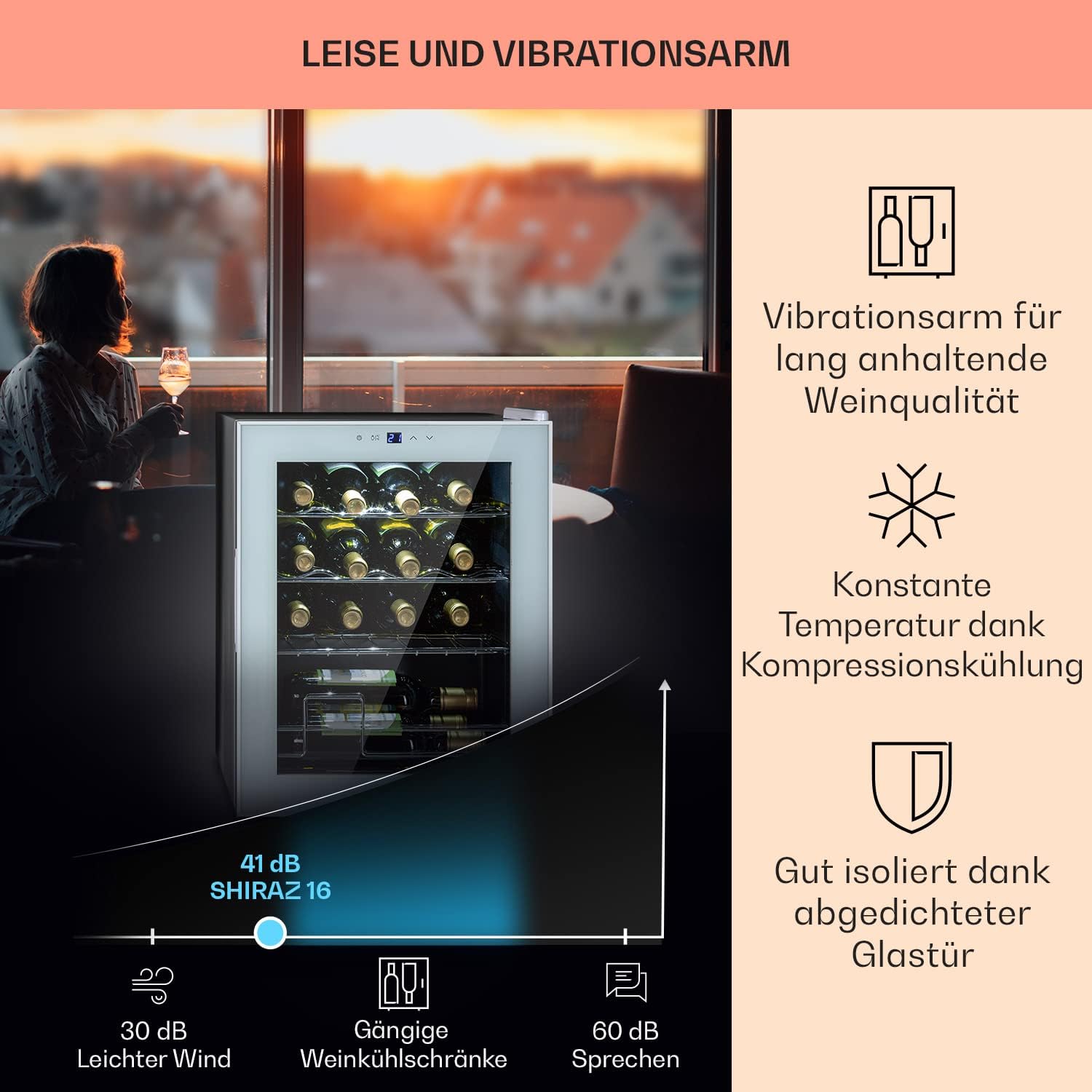 Klarstein Shiraz Weinkühlschrank Freistehend, Kleiner Getränkekühlschrank für Wein, Prosecco & Bier, 1 Zone Weinkühlschrank mit Glastür & Touch-Bedienfeld, Kühlschrank Klein, 5-18°C, 16 Flaschen