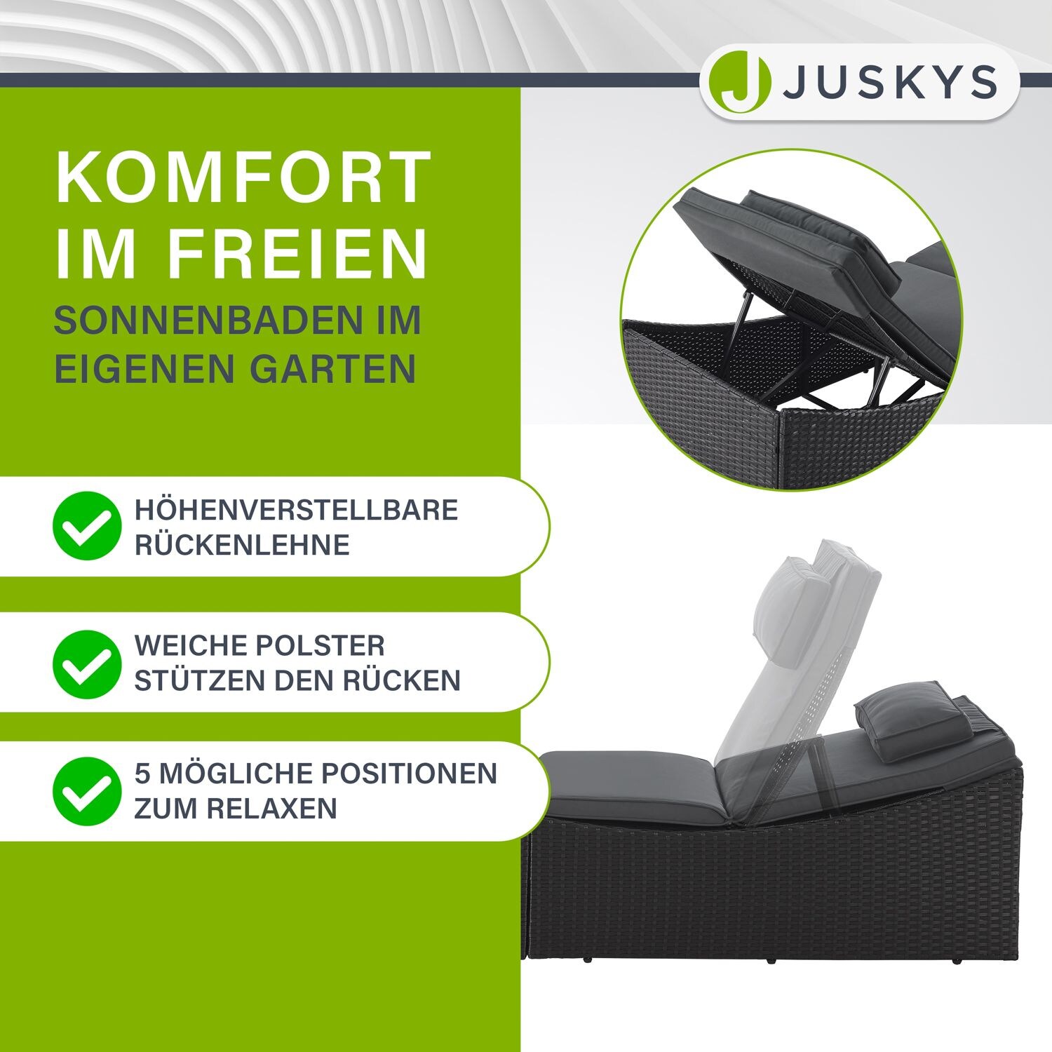 Juskys Sonnenliege Lamia klappbar - Polyrattan Gartenliege mit Auflage - Outdoor Liege Schwarz
