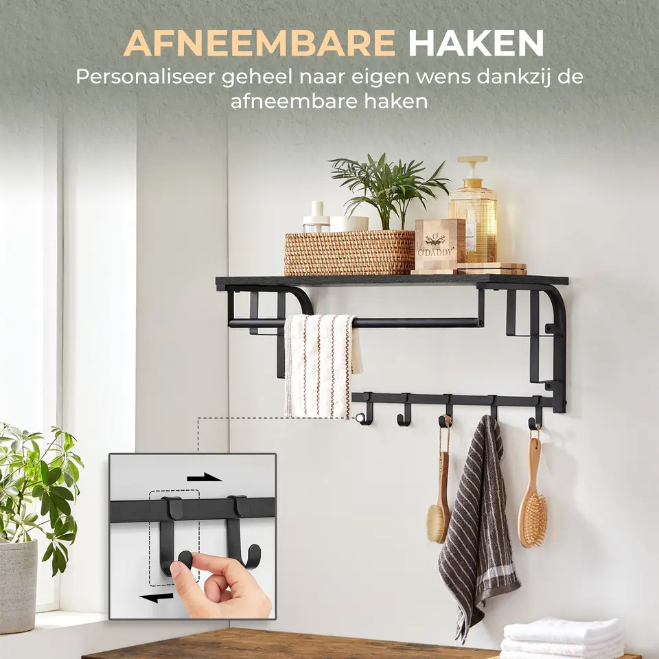 O'DADDY Wandkapstok met 5 Haken - Zwart/Donkergrijs - 66x30x27 cm