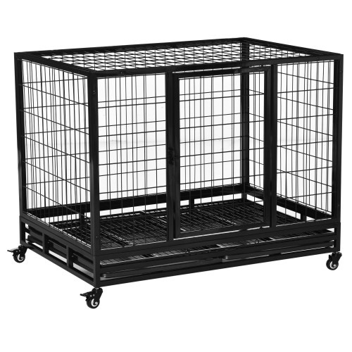 Caixa de transporte para cães PawHut em metal com rodas e freios.