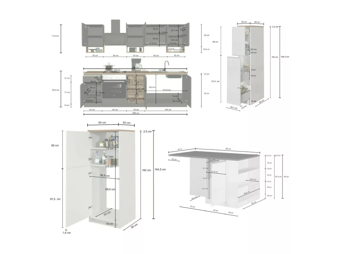 Cuisine complète Dantenucc, Ensemble avec garde-manger, Meuble de kitchenette, Kit bloc avec îlot et porte-frigo, 100% Made in Italy, Blanc brillant et ardoise