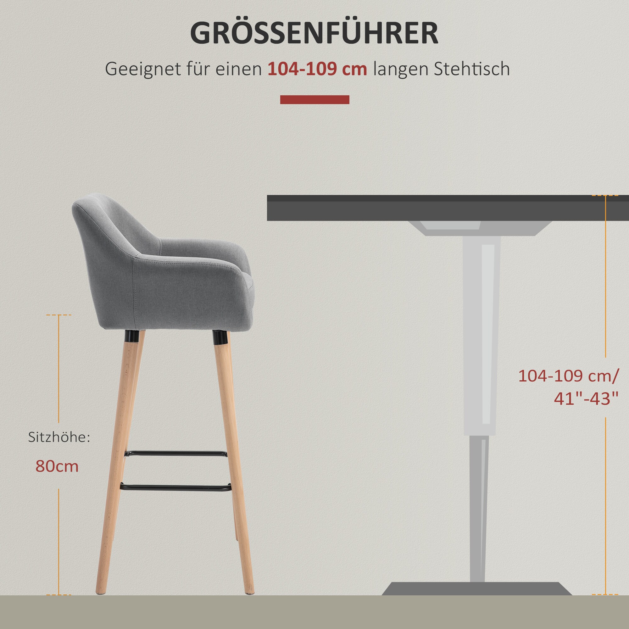 HOMCOM Barhocker mit Fußstütze grau 55L x 48B x 100H cm