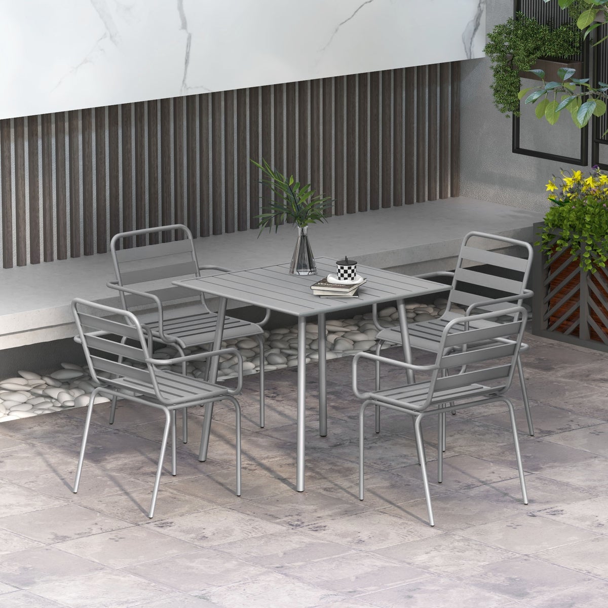 Outsunny 5-delige tuinmeubelset met 1 eettafel, 4 stapelbare stoelen, voor balkon, terras, 80B x 80D x 74H cm, staal, lichtgrijs