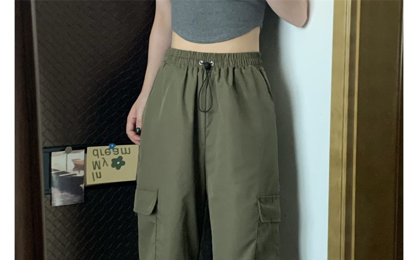 Soswift - Hoge taille, effen, baggy cargobroek met trekkoord
