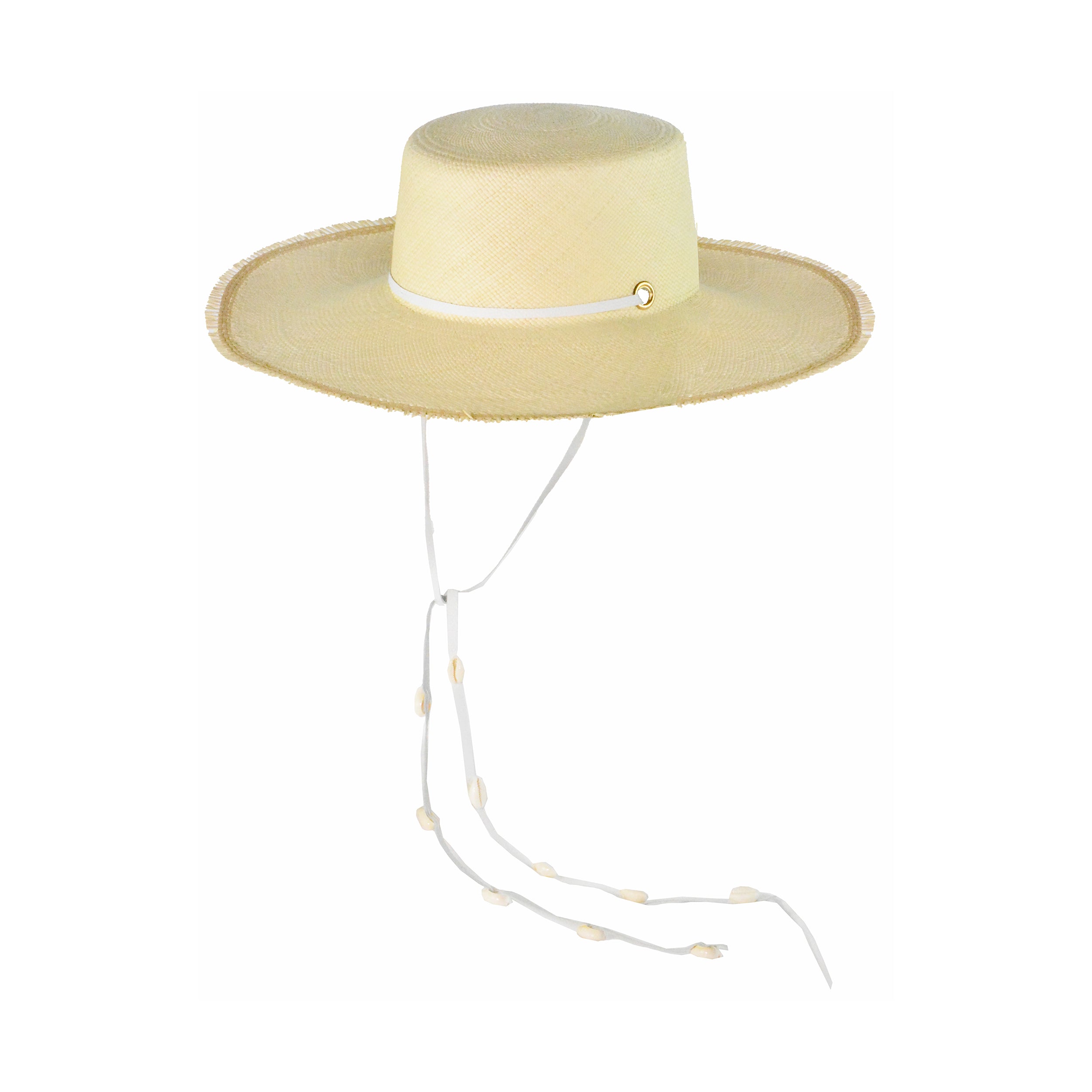 Chapeau à longs bords en cuir Cordovan effiloché orné de coquillages