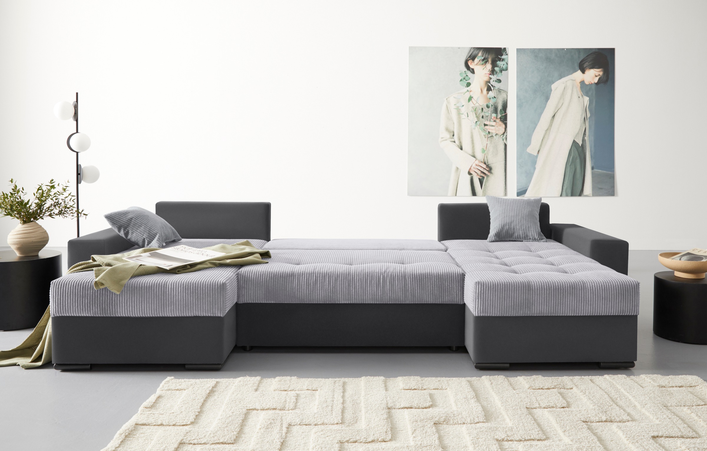 COLLECTION AB Wohnlandschaft »Josy XL U-Form, B: 313 cm in Cord, Cord-Mix« mit Bettfunktion, Bettkasten & 2 Zierkissen, Federkern