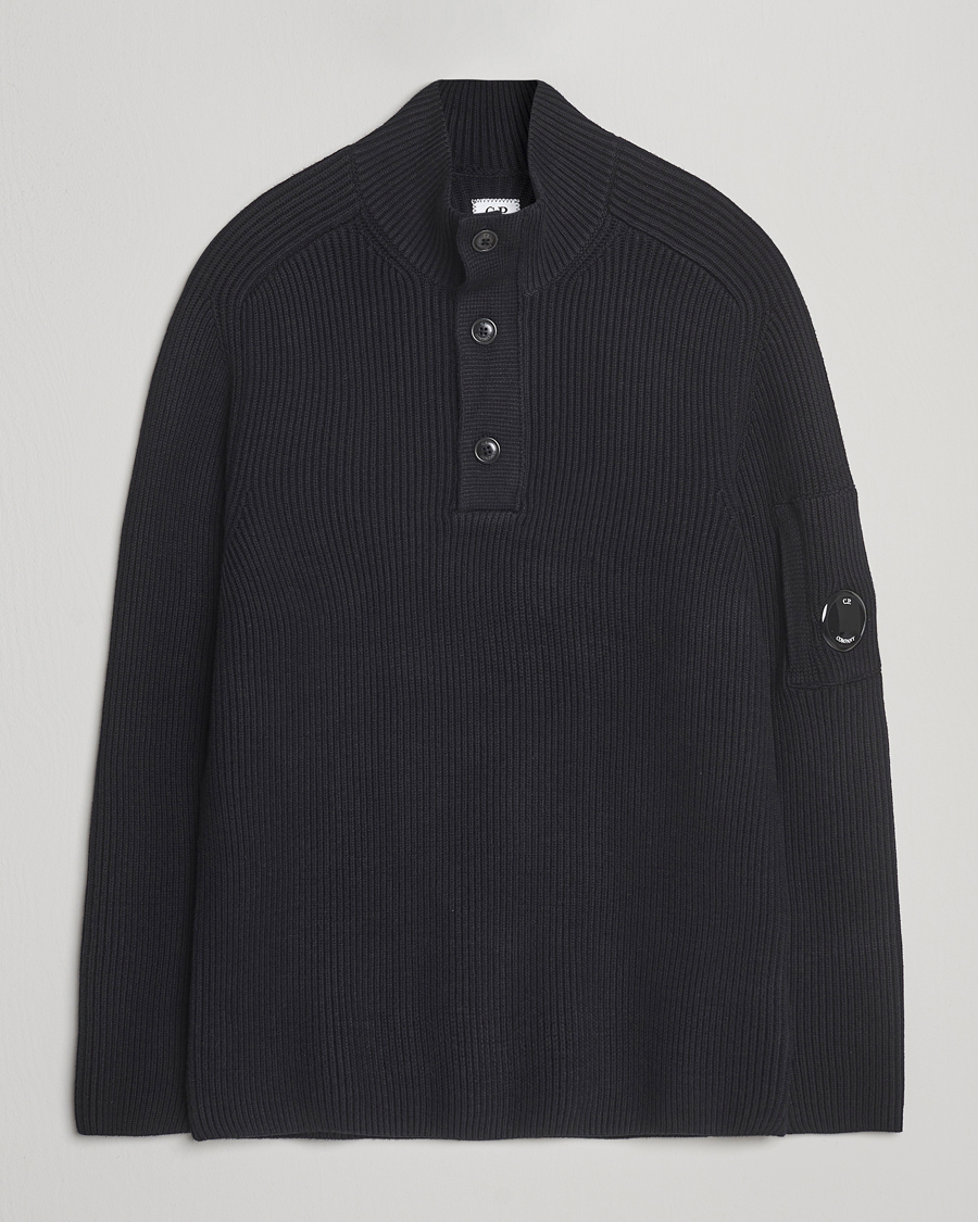C.P. Company Full Rib Knitted Cotton Half Button Black