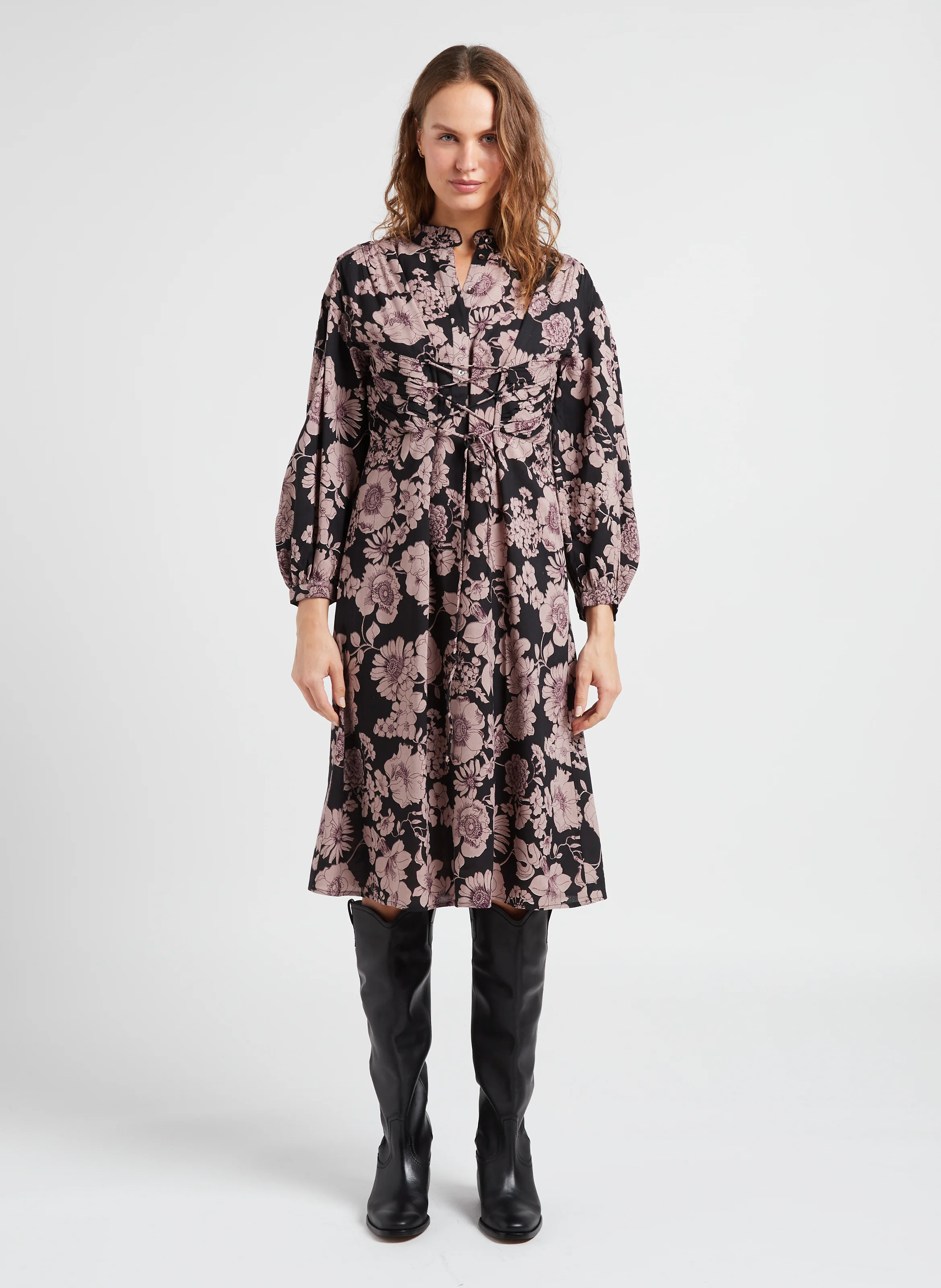 LEONIE - Robe mi-longue col rond à imprimé floral | Noir
