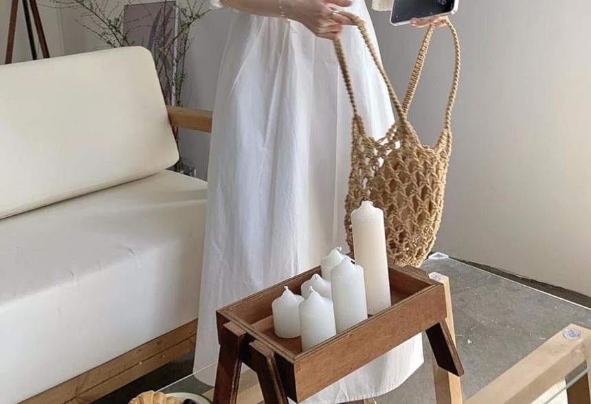 Inchioh - Maxi-zomerjurk met pofmouwen, ronde hals en effen kant
