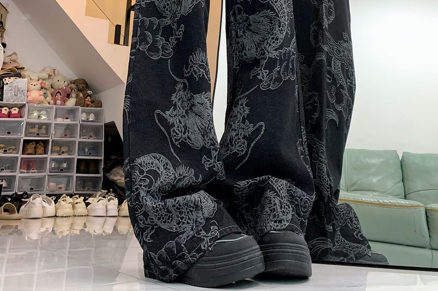 Porstina - Mid Waist Dragon Print Washed Wide Leg Jeans