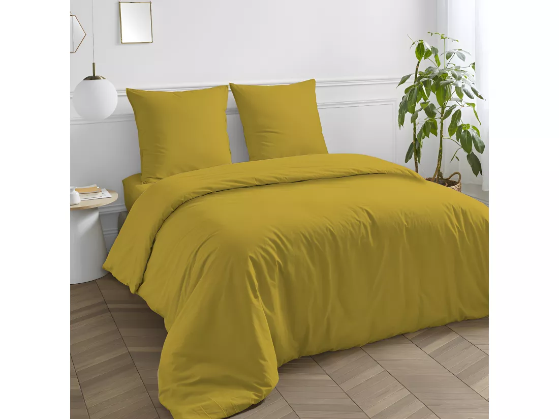 Housse de couette en coton 57 fils unie jaune moutarde 140x200cm