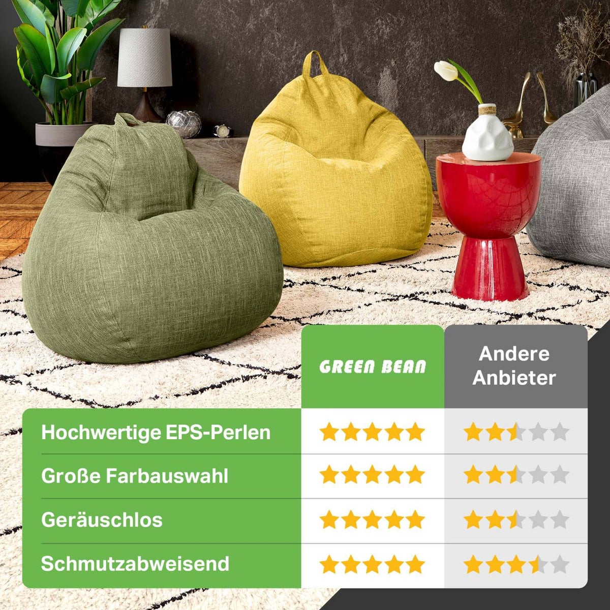 Green Bean Indoor zitzak met 200 liter EPS-korrelvulling, knuffelzacht, wasbaar - Stoffen vloerkussen, ligstoel, zitkussen, loungestoel voor binnen - zandcrème