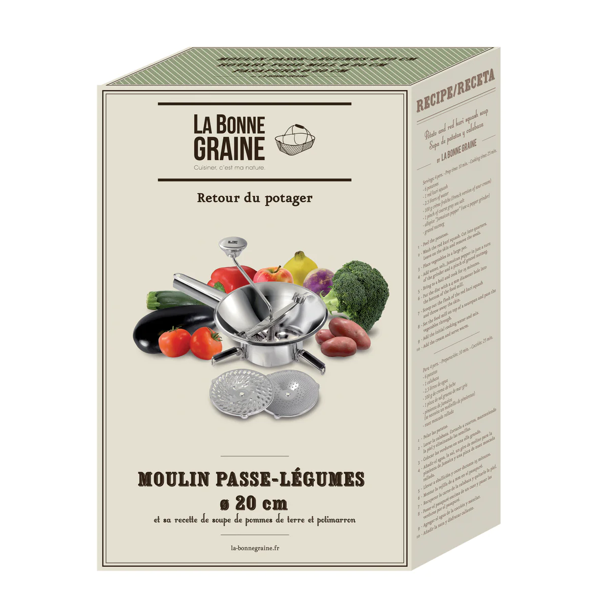 Moulin passe-légumes Ø 22 cm inox - 3 grilles - Pack La Bonne Graine L