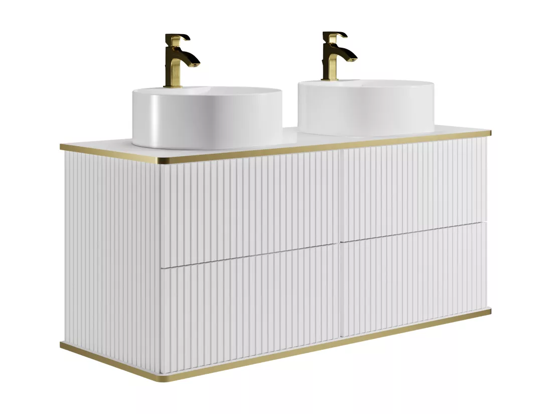 Meuble de salle de bain suspendu strié liseré doré avec double vasque à poser ronde - Blanc - 120 cm - KELIZA