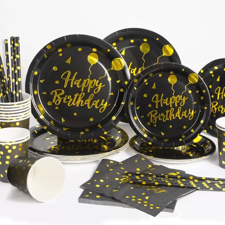 (100-tlg. Set) Happy Birthday Einweg Geschirr Geburtstags Party Tisch Deko inkl. Teller / Strohhalm / Servietten / Papp Becher - Schwarz / Gold