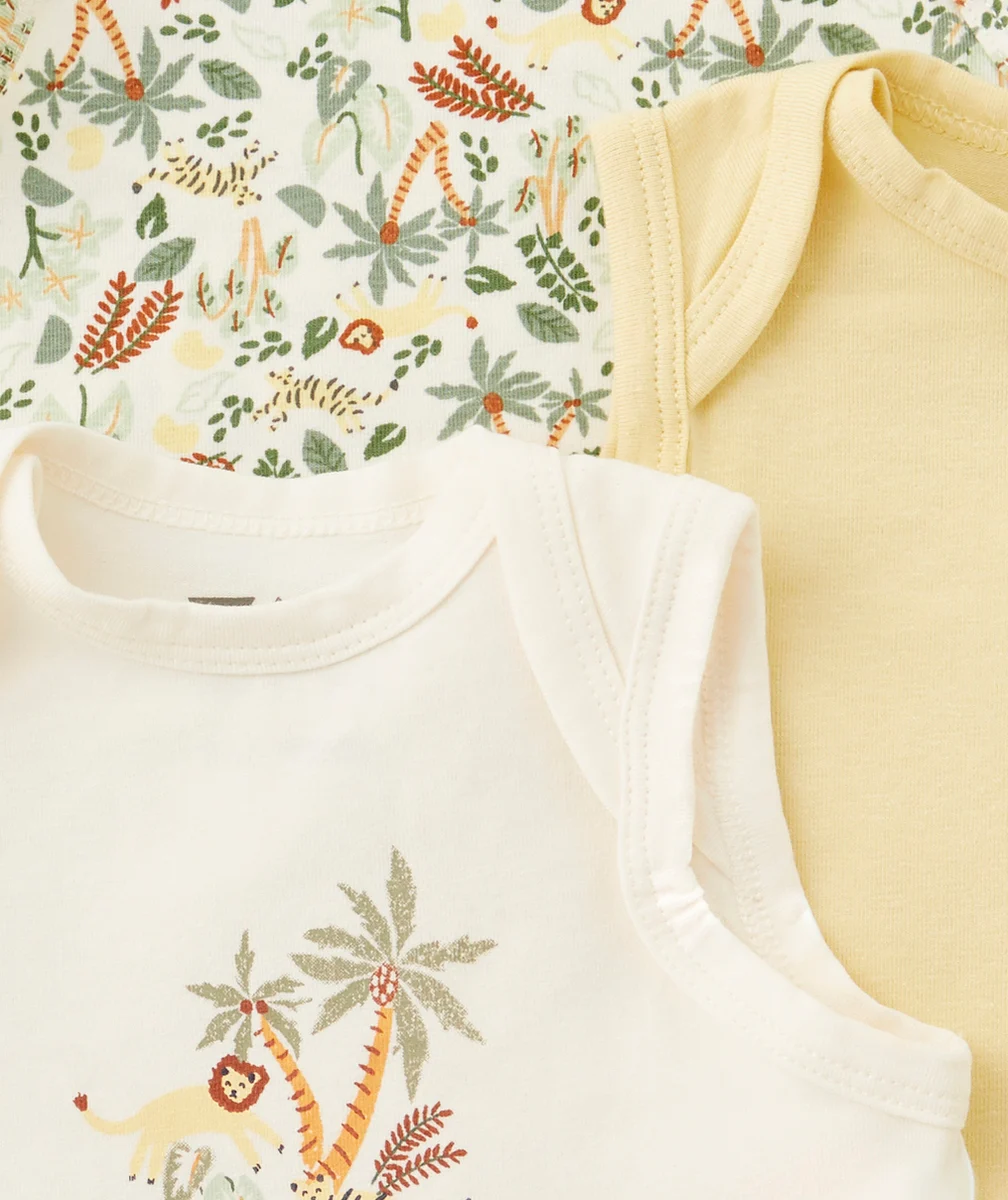 LOT DE 3 BODIES EN COTON BIO SANS MANCHES THÈME SAVANE