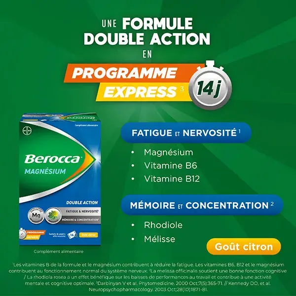 Berocca Magnésium Fatigue/Nervosité Mémoire/Concentration Programme express 14j 14 sachets
