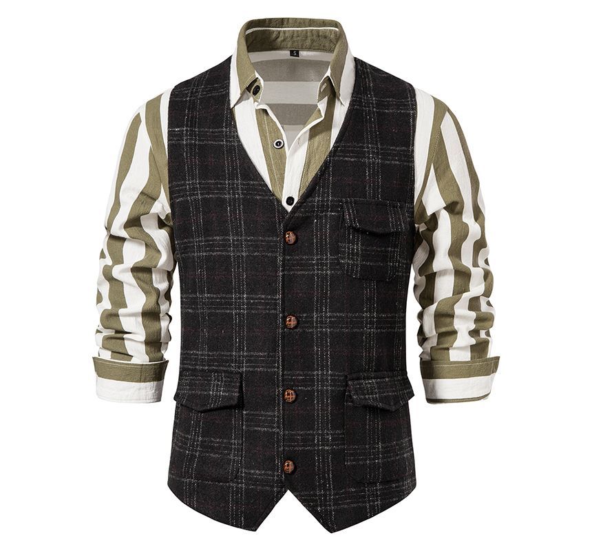 Fireon - V-hals geruit vest met knoopjes