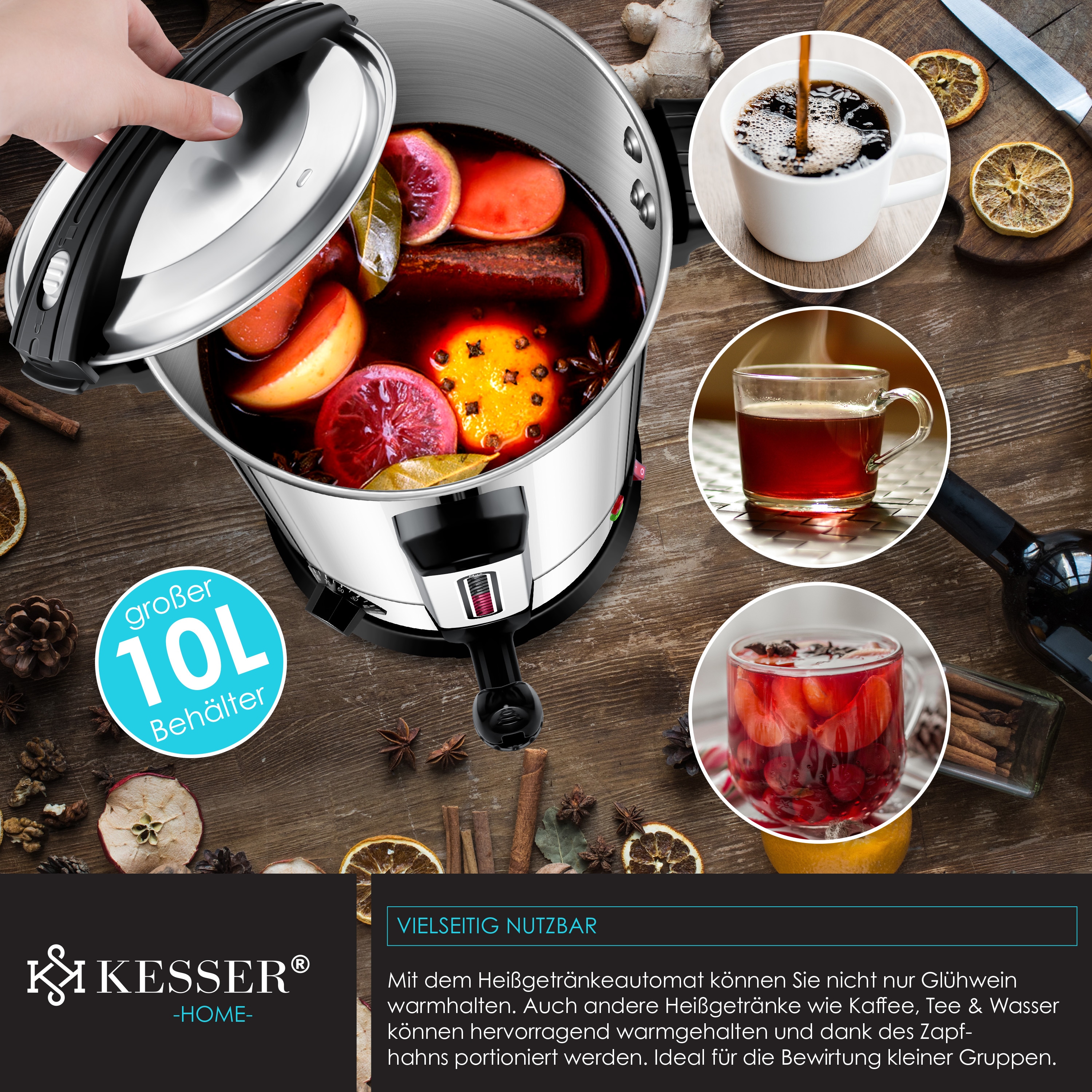 KESSER® Glühweinkessel 10L Edelstahl Inkl. 10x Becher Glühweinkocher mit Thermostat Glühweinautomat Heißgetränkeautomat Wasserkocher Heißwasserspender Einkochautomat Füllstandanzeige Zapfhahn