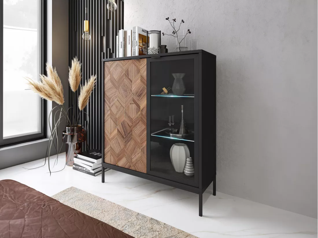 Vitrine 2 portes avec LEDs - Noir et Naturel foncé - MIALINE