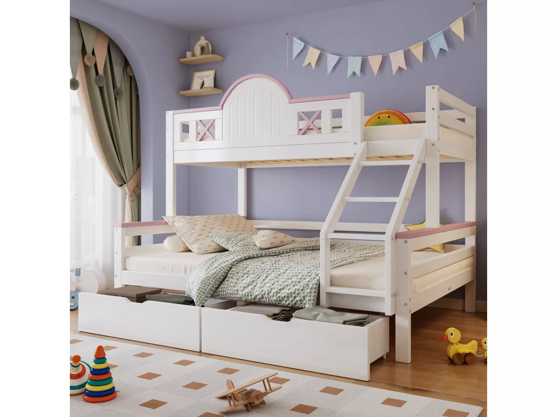 Lit superposé pour enfants 90x200cm+140x200cm , avec tiroirs, fenêtre, forme de fenêtre, pin + MDF, blanc + rose