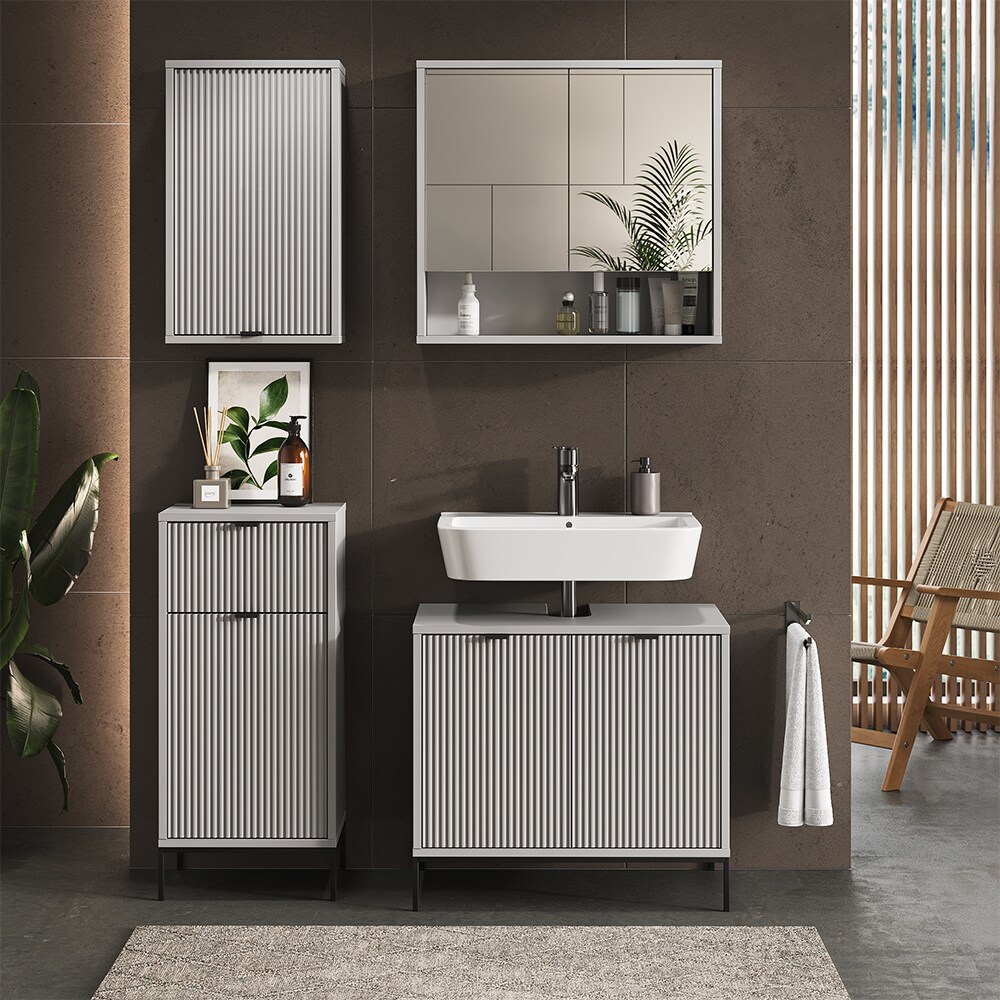 Vicco Badmöbel-Set Eliza, Grau, Badezimmer, moderne Badserie, extravagante Fronten, Waschtischunterschrank, Spiegelschrank, Midischrank, Hängeschrank