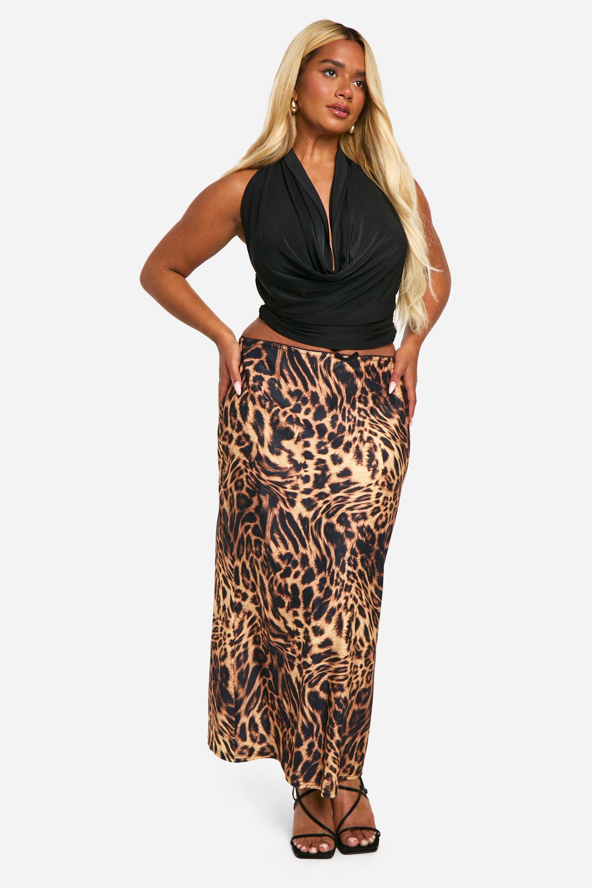 boohoo Plus Leopard Jupe midaxi tressée extensible à imprimé léopard avec bordure nœud