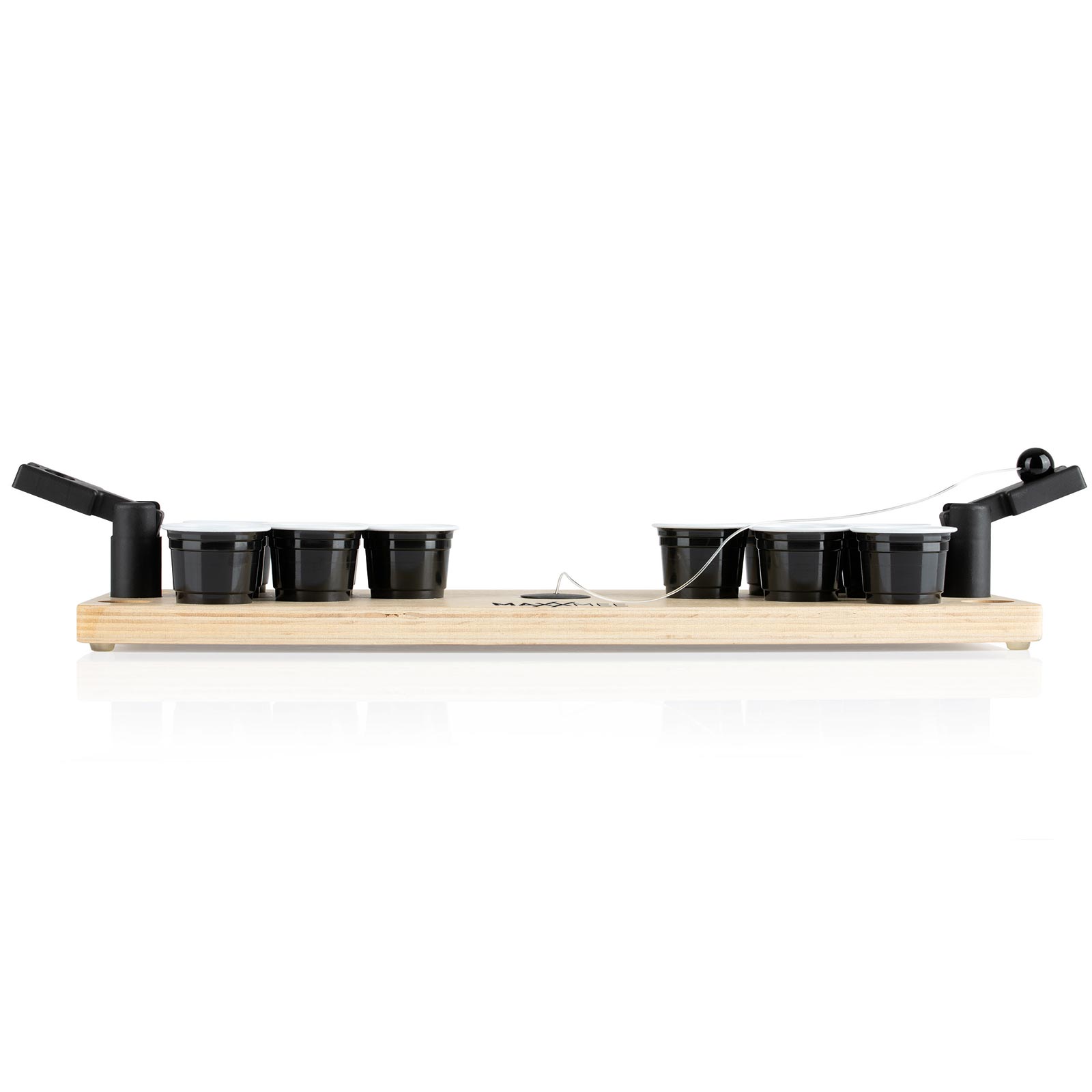 MAXXMEE Tischspiel Bier Pong - holzfarben-schwarz - Holzbrett - Ball mit Seil - 24 Trinkbecher