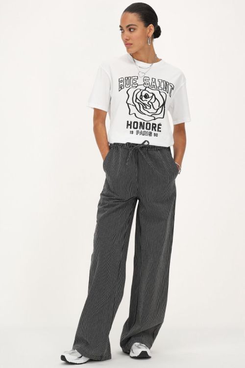 Zwart-wit gestreepte wide leg broek met elastieken band