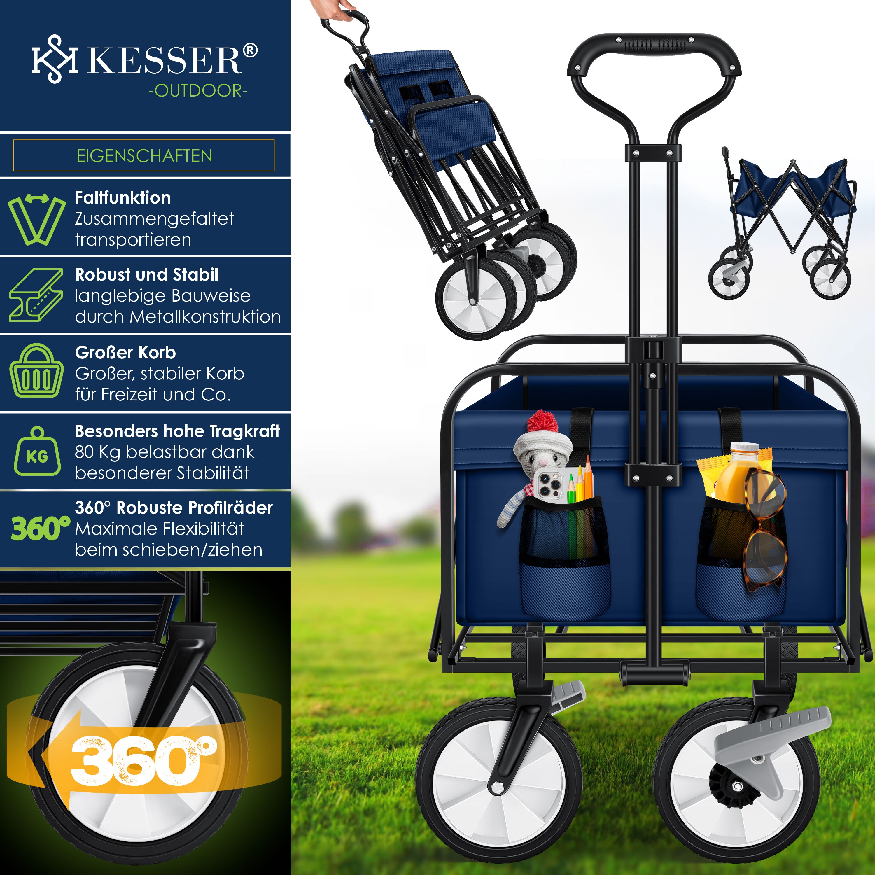 KESSER® Bollerwagen faltbar Handwagen Transportkarre Gerätewagen | inkl. 2 Netztaschen & Cover | klappbar | PVC-Reifen | bis 80 kg Tragkraft transportwagen Gartenanhänger ohne Dach