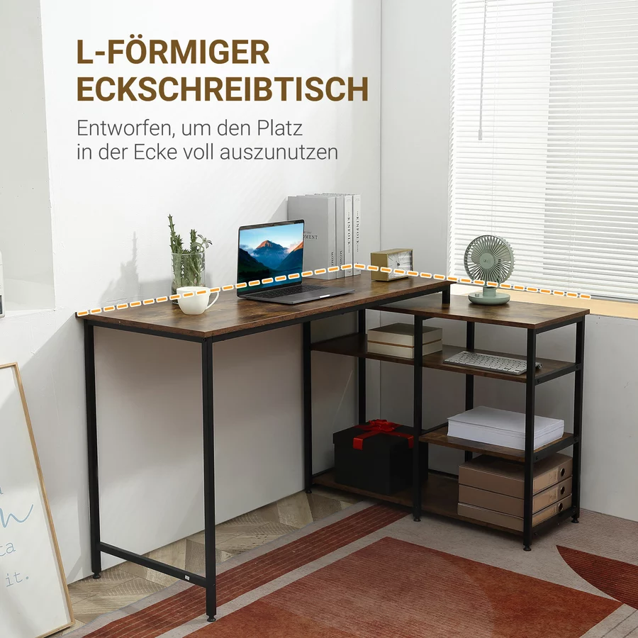 HOMCOM Schreibtisch Platzsparend, L-Form, Langlebig Braun, Schwarz