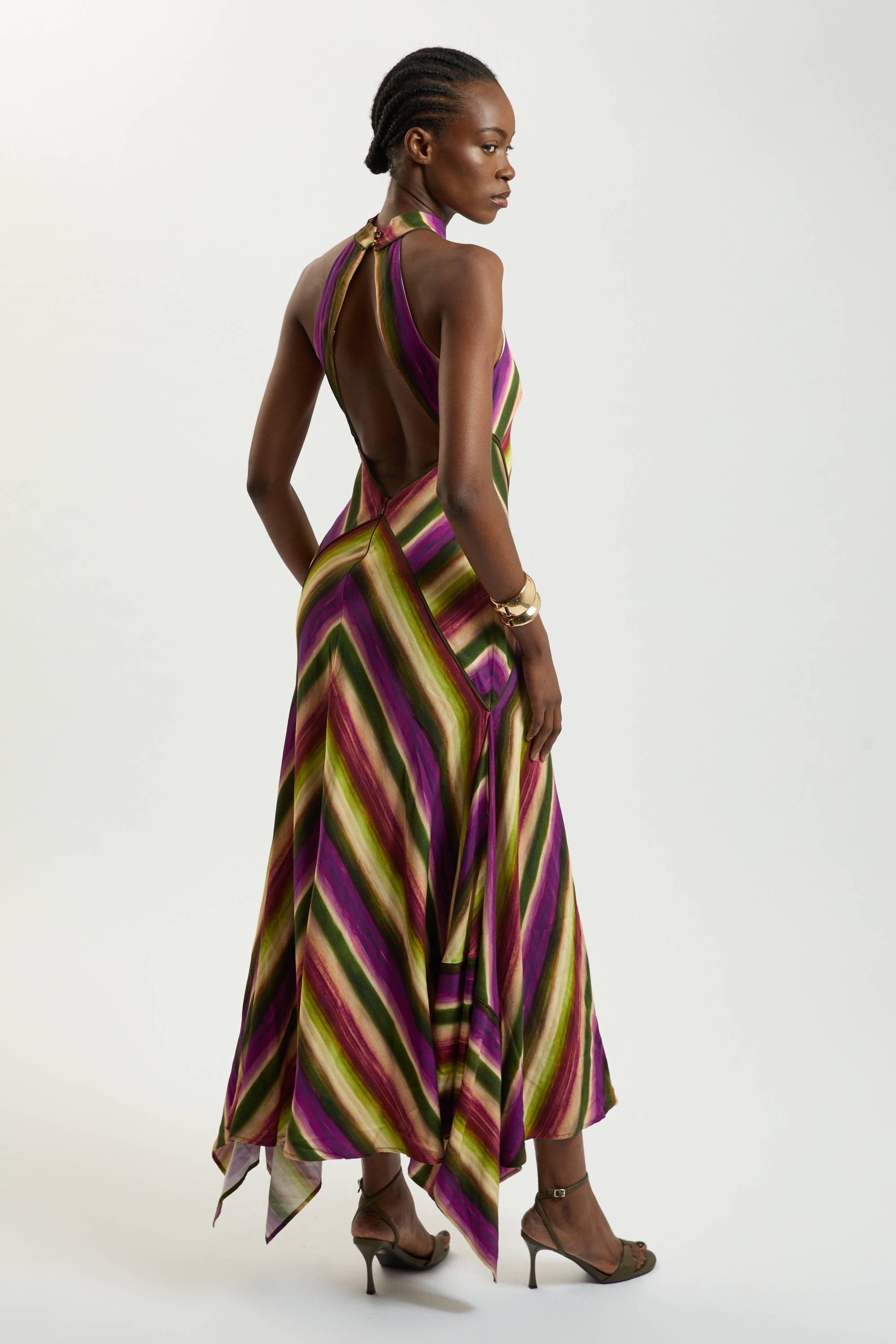 KarenMillen Robe Dos-nu Mi-longue Tissée En Mélange De Coton À Rayures Fluides Multicolores
