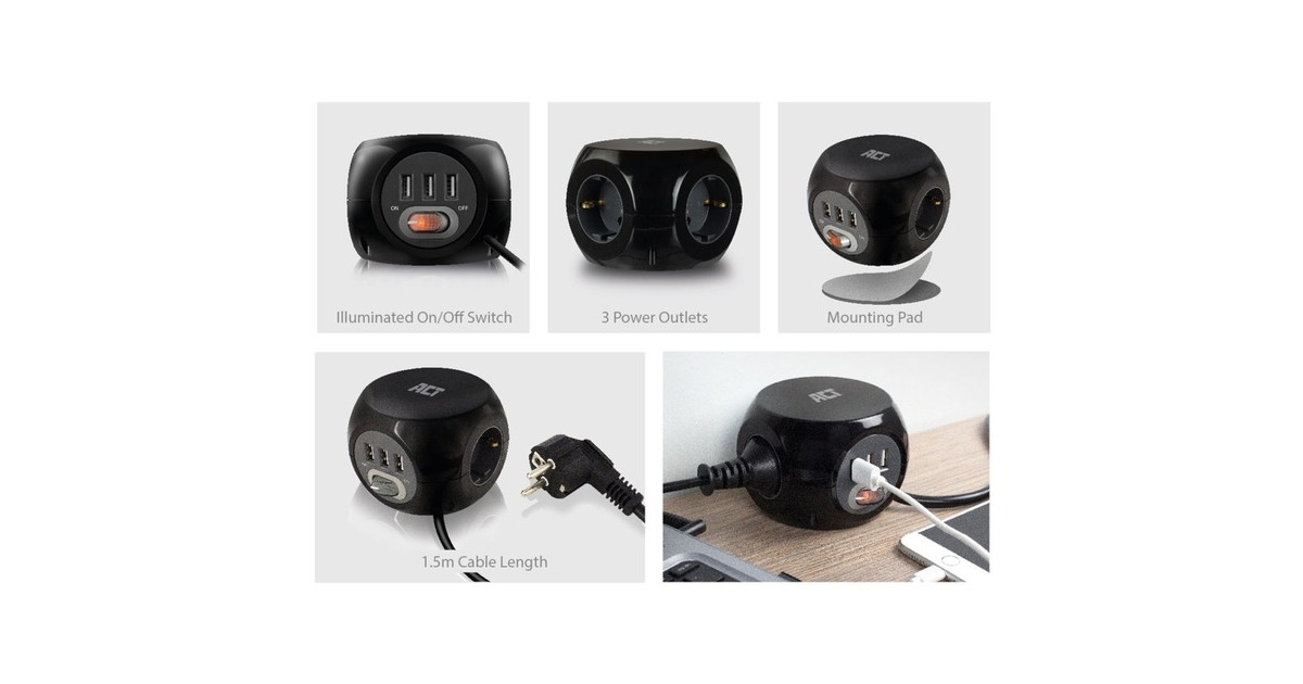 ACT ConnectivityStekkerdoos cube met 3 stopcontacten, USB-A-poorten, 1,5m stekkerdoos  (Zwart)
