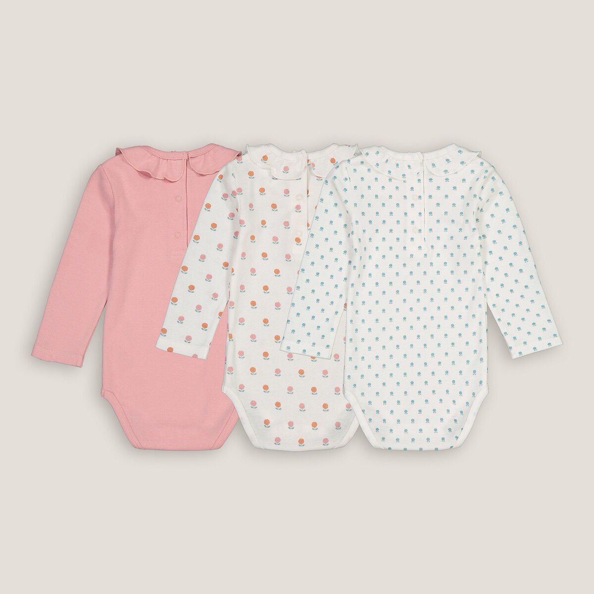 COLEÇÃO LA REDOUTE<br>Conjunto de 3 bodies de manga comprida com babado no decote
