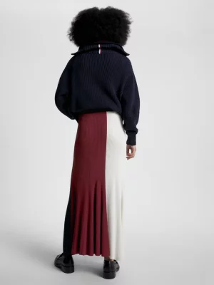 Saia maxi evasê com blocos de cores