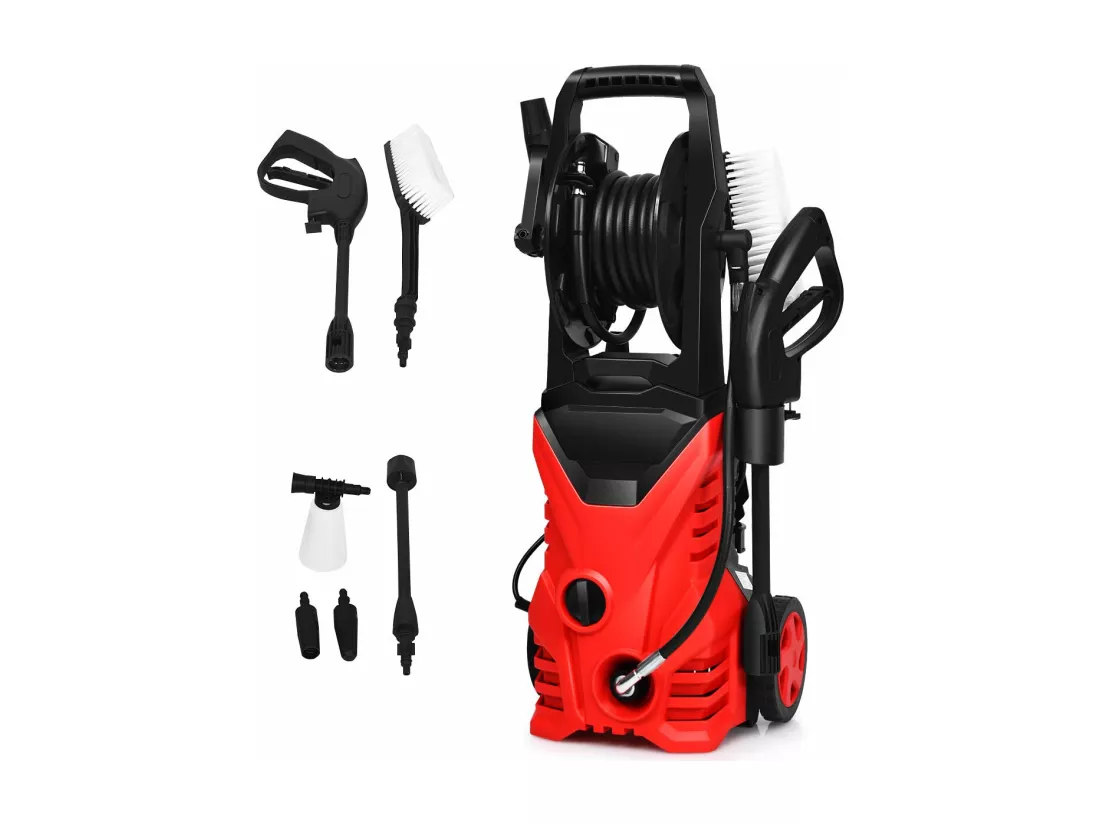 Nettoyeur Haute Pression 1400W 140Bar 300L/H avec avec 1 Buse Lotus et 1 Buse Haute Pression, Flexible 5 Mètres contre Punaise de lit Rouge