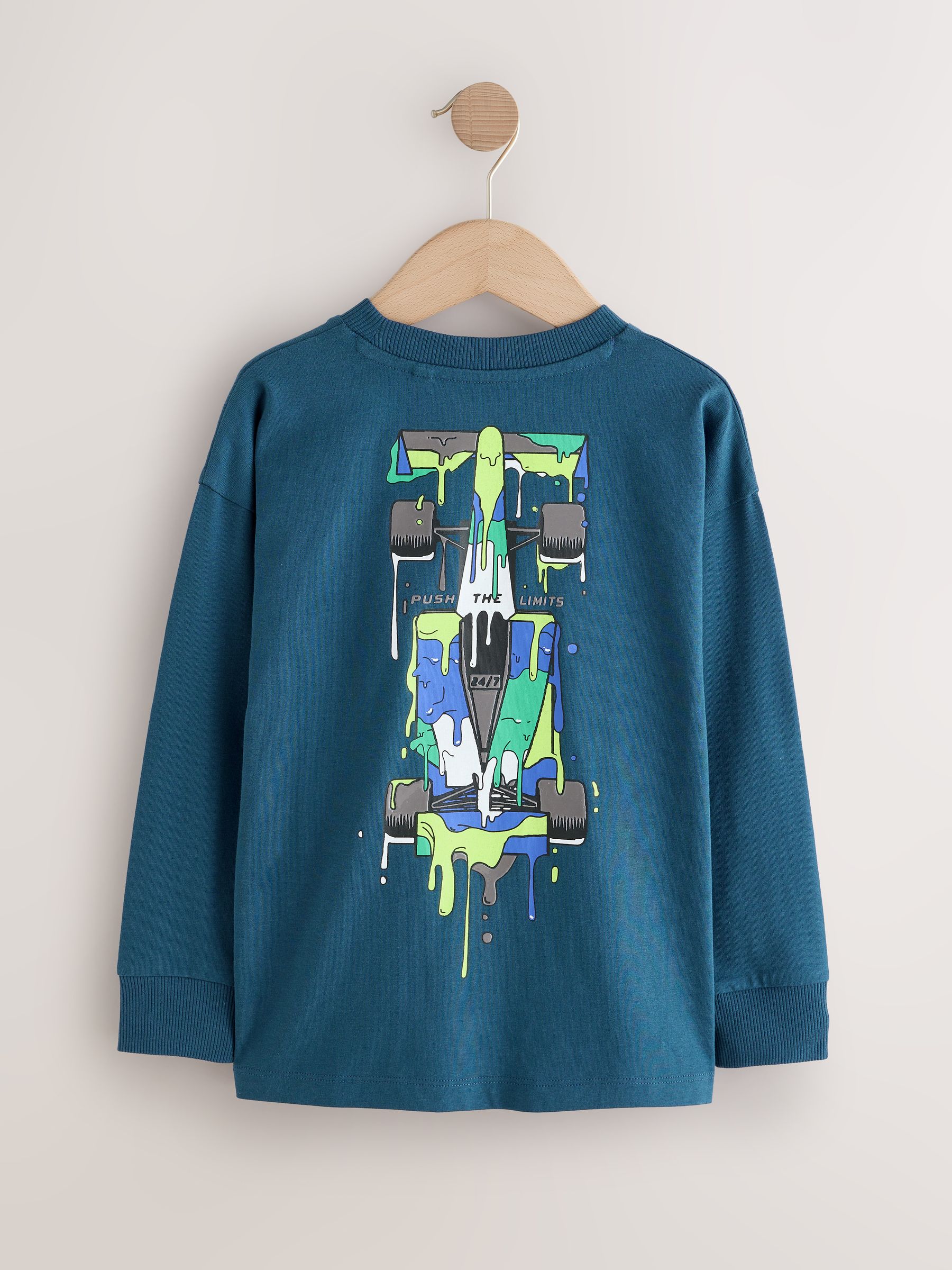Marineblauwe racewagen - Relaxed Fit Graphic Long Sleeve Cotton T-Shirt (3-16yrs)