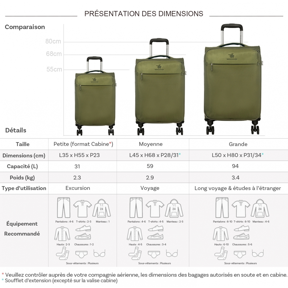 David Jones Lot de 3 valises dont 1 cabine souples extensibles David Jones