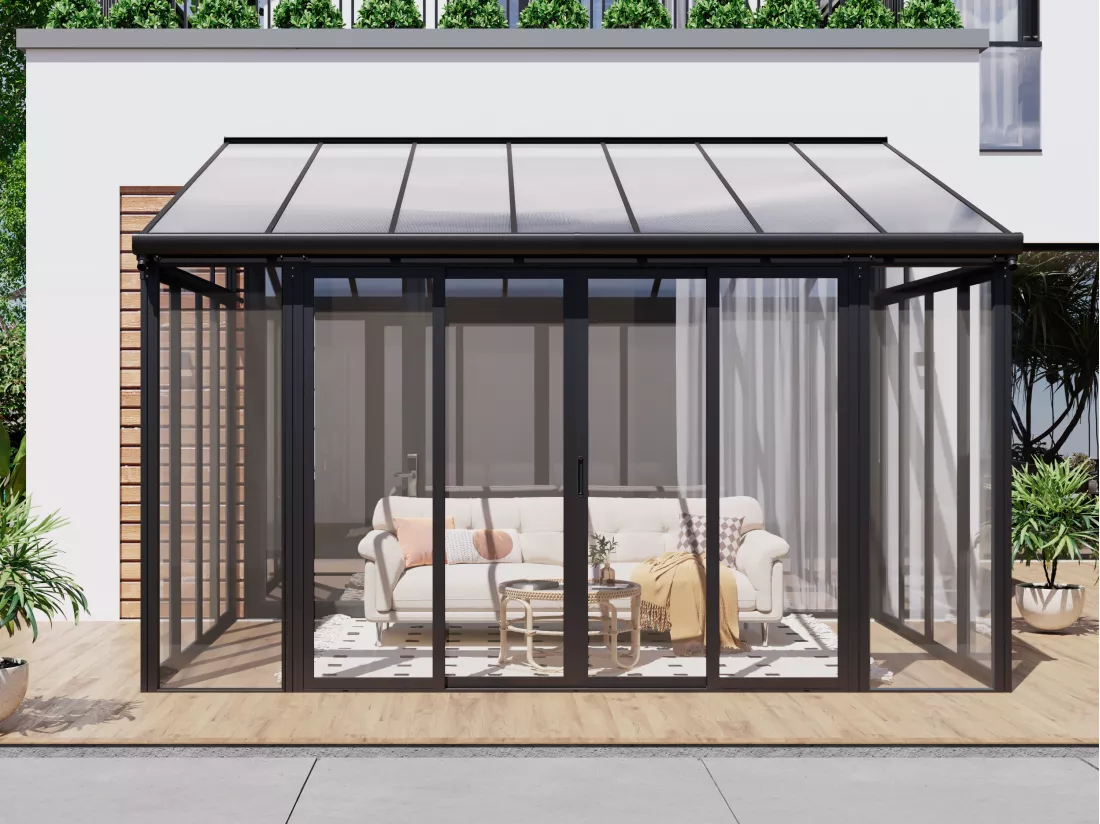 Véranda en aluminium et polycarbonate avec protection UV - 12 m² - anthracite - MATHILDA