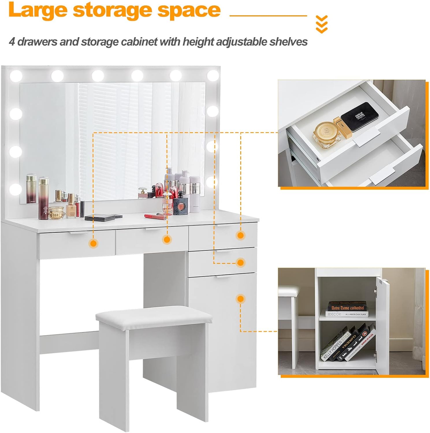 TUKAILAI Schminktisch mit LED Beleuchtung und Hocker Frisiertisch mit Große Spiegel 3 Farben mit Einstellbarer Helligkeit, Kosmetiktisch mit 4 Schubladen, Weiß, 105x40x140 cm