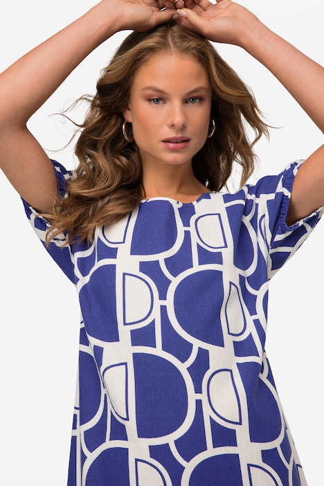 Leinenmix-Kleid, Wide Fit, elastischer Halbarm-Abschluss, Rundhals