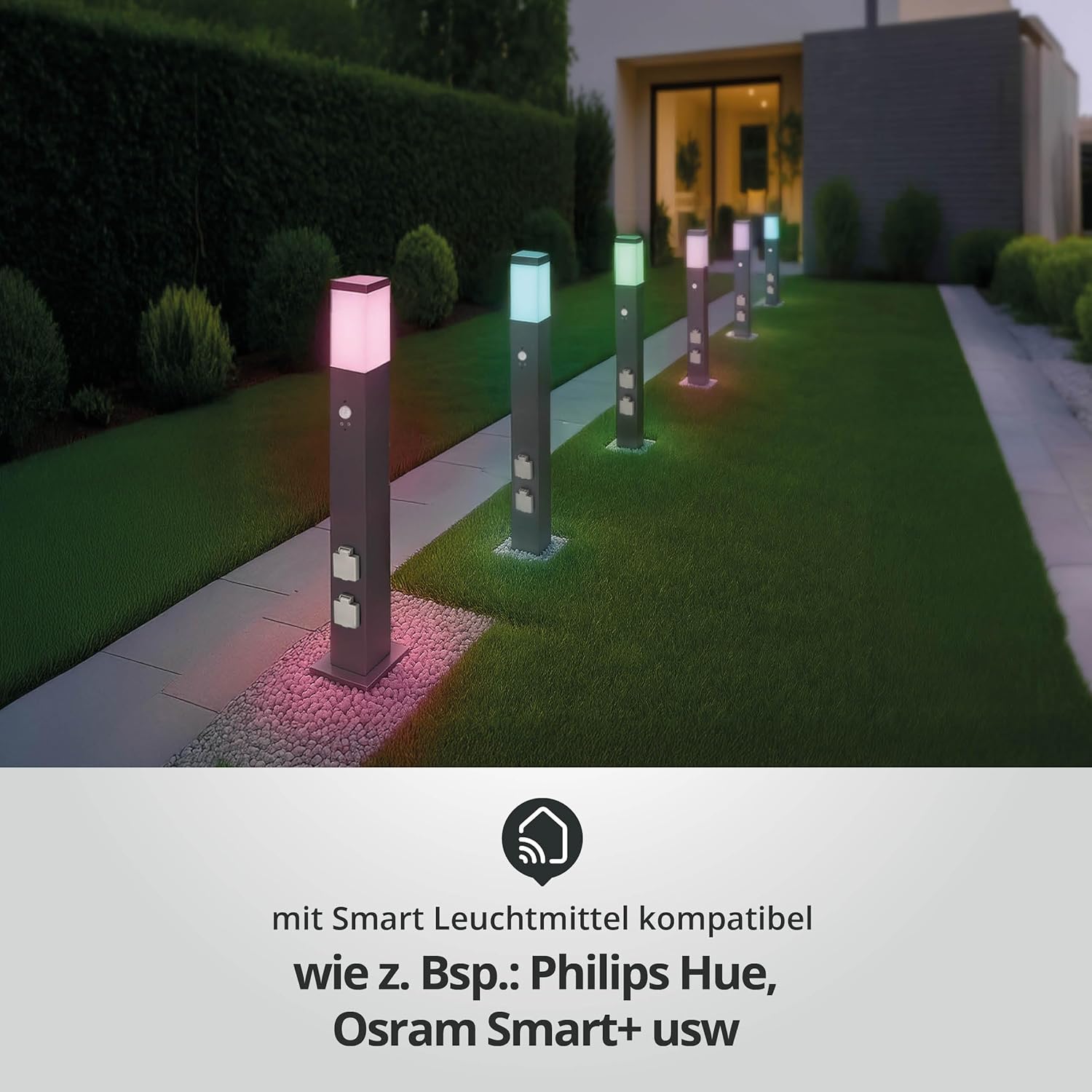 LED Universum Wegeleuchte mit 80cm Edelstahl Außenleuchte Stehleuchte Energiesäule Stromsäule Stromverteiler für den Garten Gartensteckdose (Anthrazit mit Bewegungsmelder und 2 Steckdosen)
