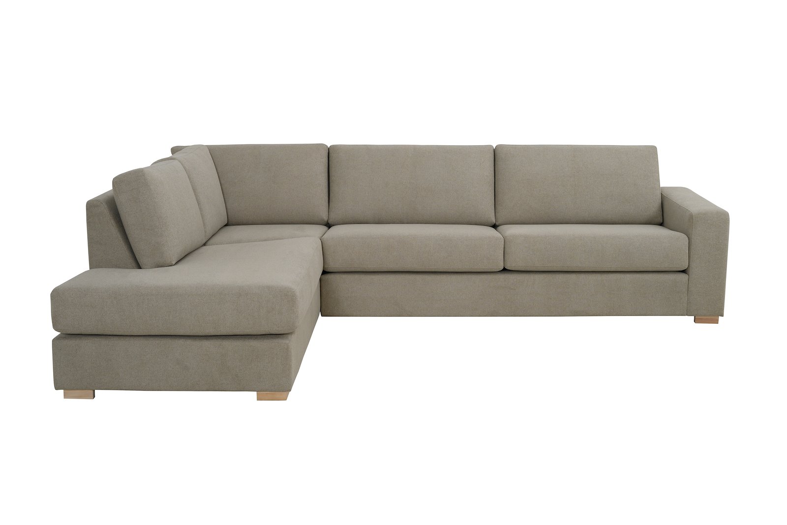 Modern Living hjørnesofa 3-seter med åpen ende venstre i tekstil Brooklyn 9 Cappuccino med arm A og ben 1 hvitvasket eik. Faste puter