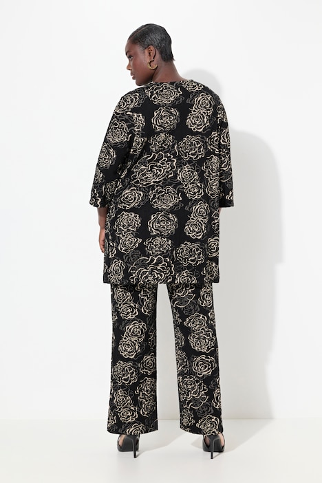 Jacquard-Jacke, Blüten, A-Linie, V-Ausschnitt, 3/4-Arm