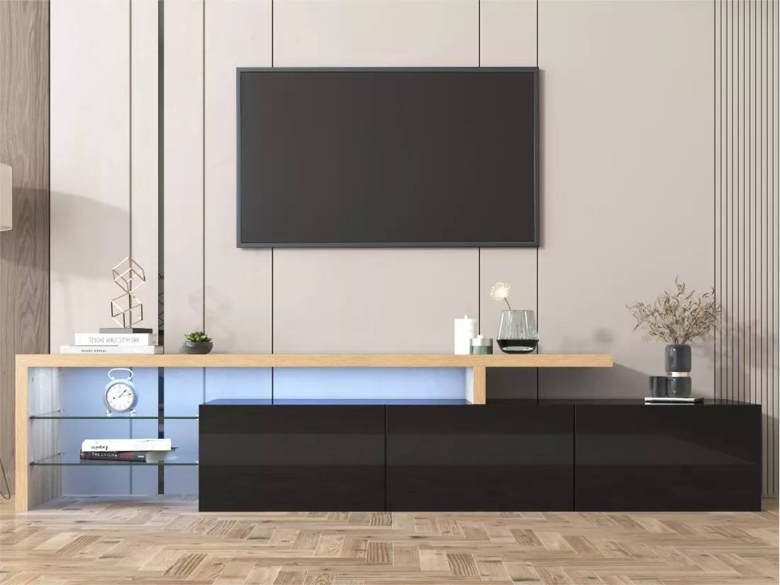 Meuble TV 200 cm - 3 portes et 2 compartiments en verre - style moderne - Noir & Naturel